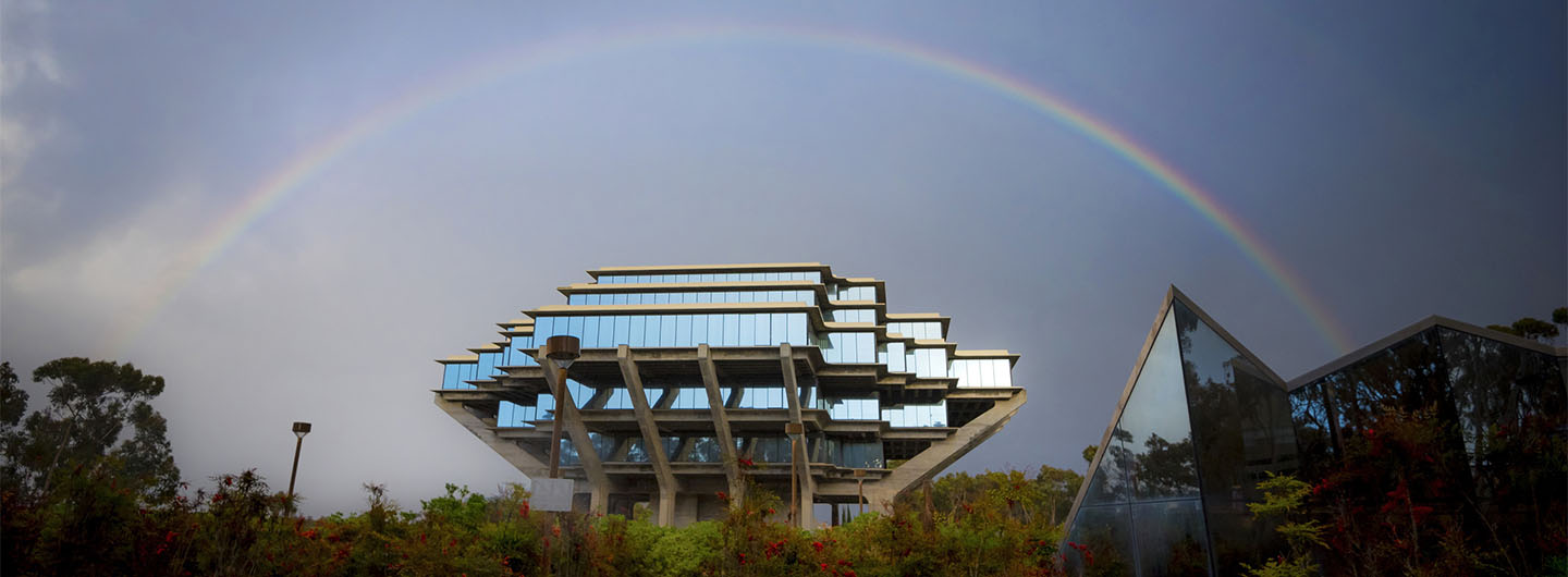 A rainbow over UC San Diego's Geisel Library